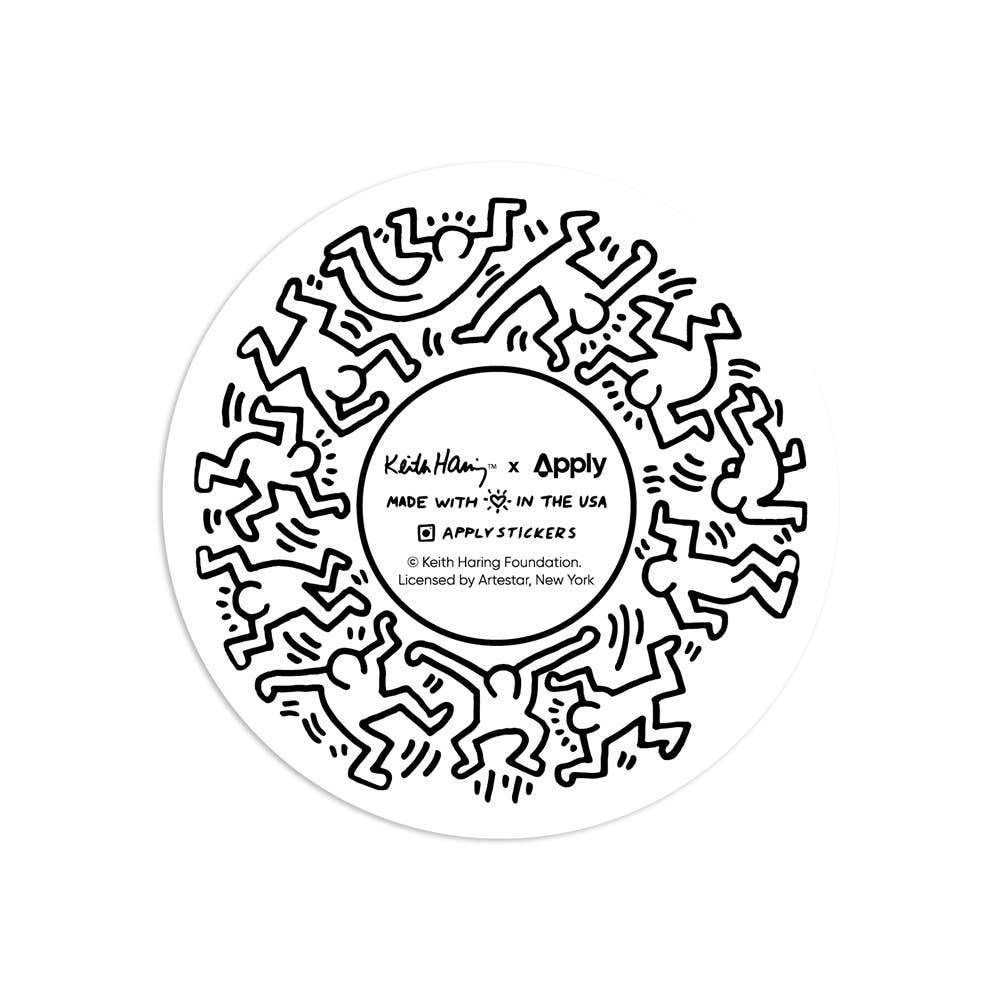 Circular sticker with black and white design featuring Keith Haring style art on a white background.