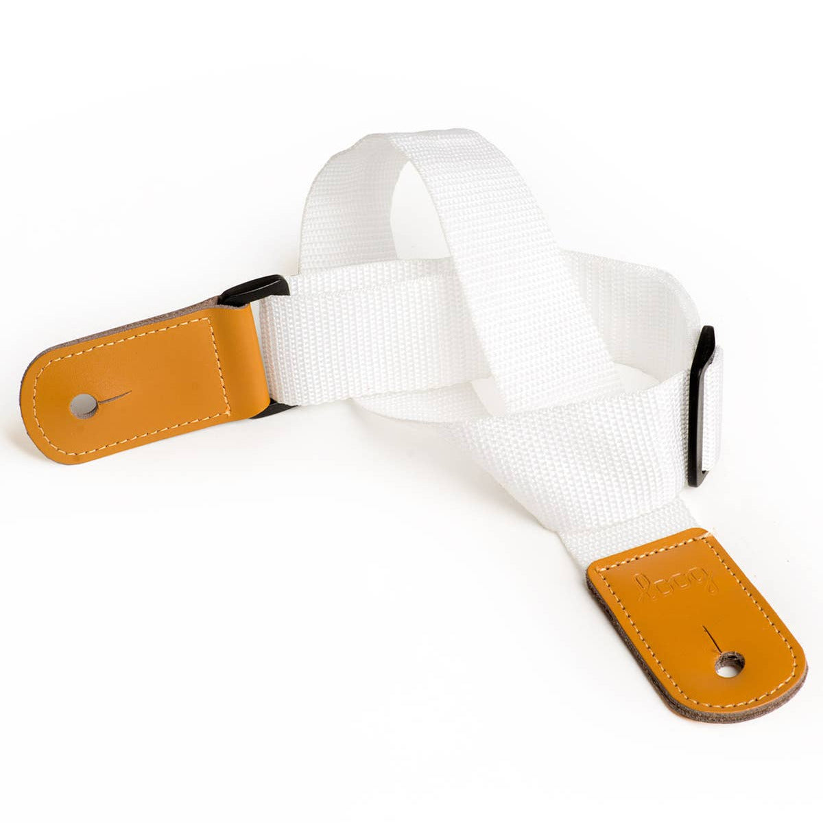White guitar strap with orange leather ends on a white background