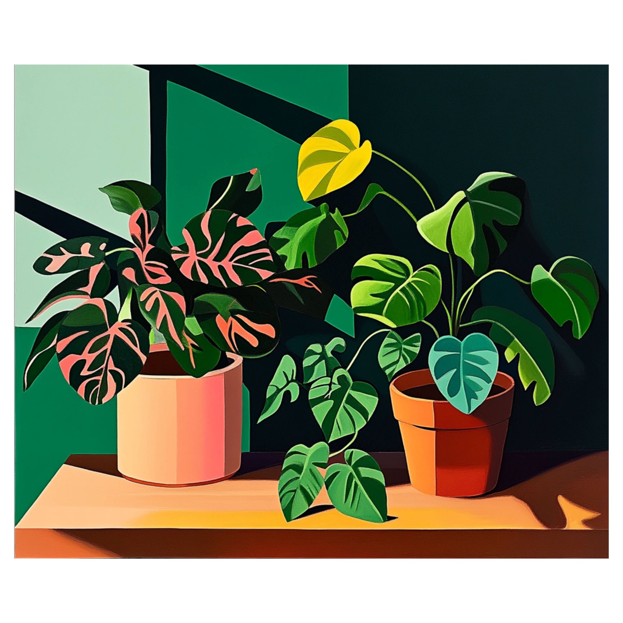 Two potted plants on a table with a colorful abstract background