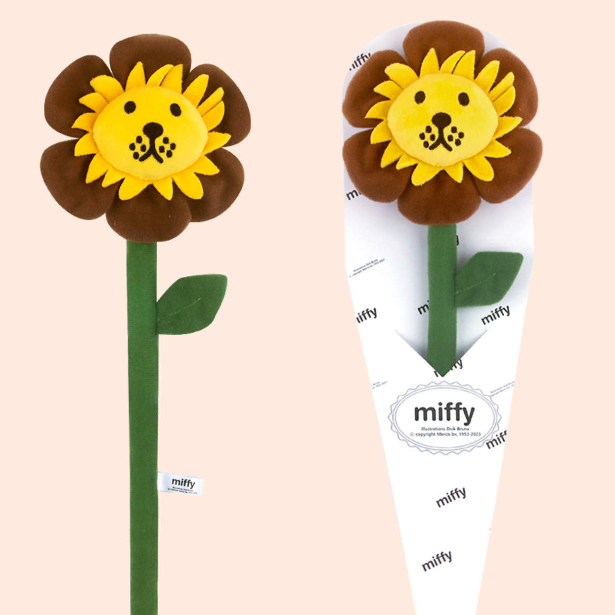 Two sunflower-shaped toys with a miffy branding on a beige background