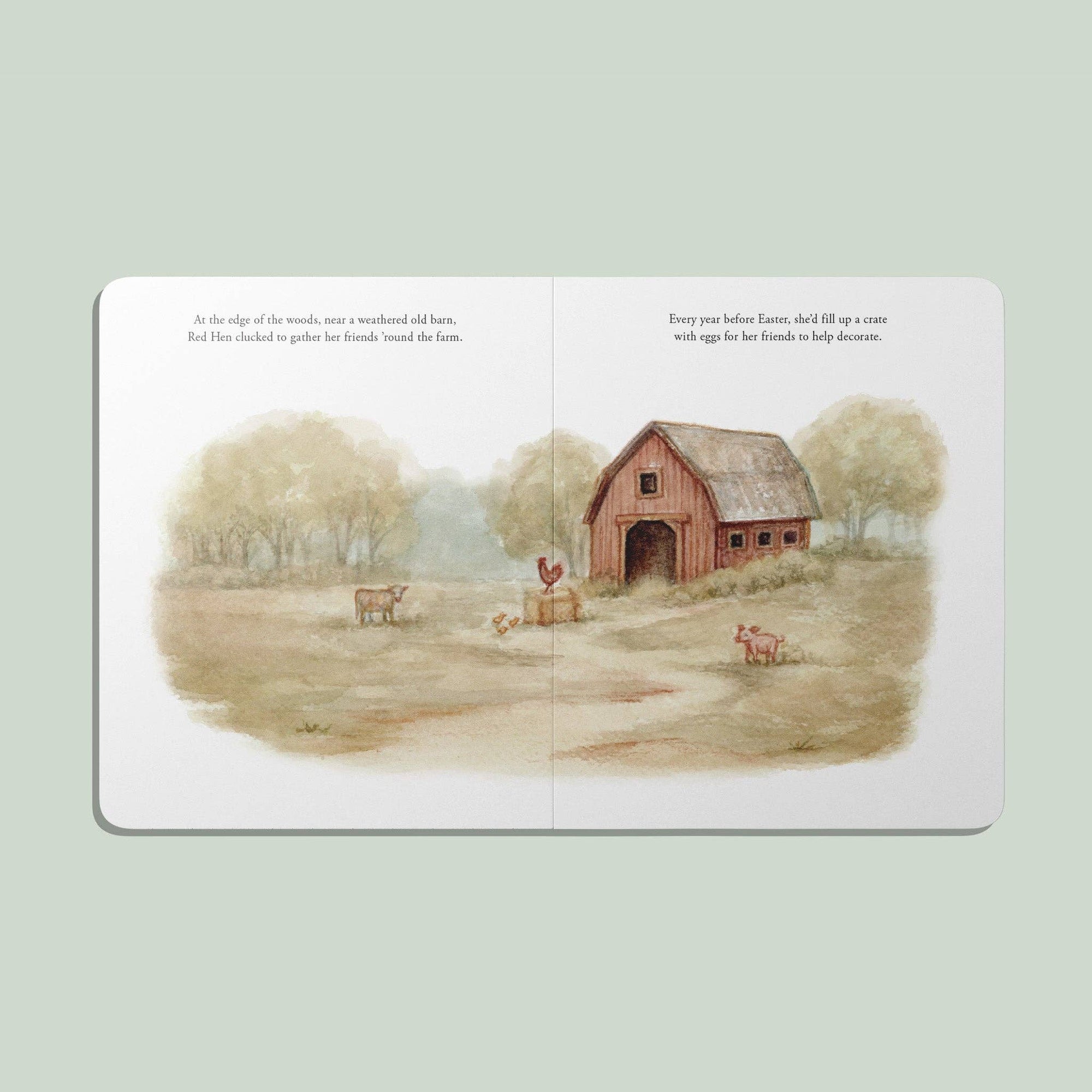 Illustrated book page with a barn and animals on a light green background