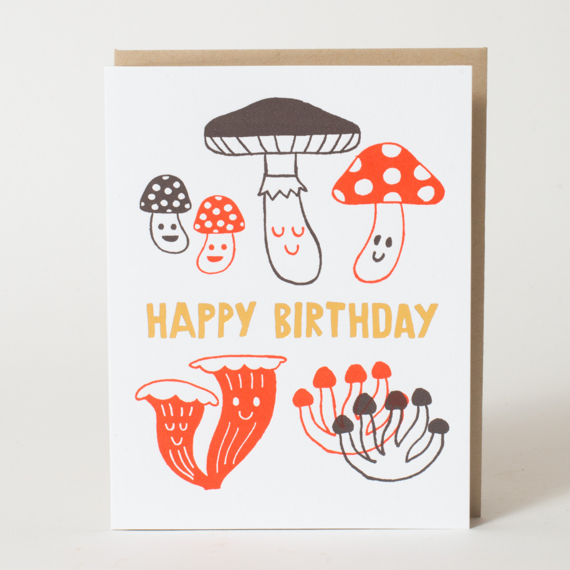Birthday card with smiling mushrooms and 'Happy Birthday' text on a white background