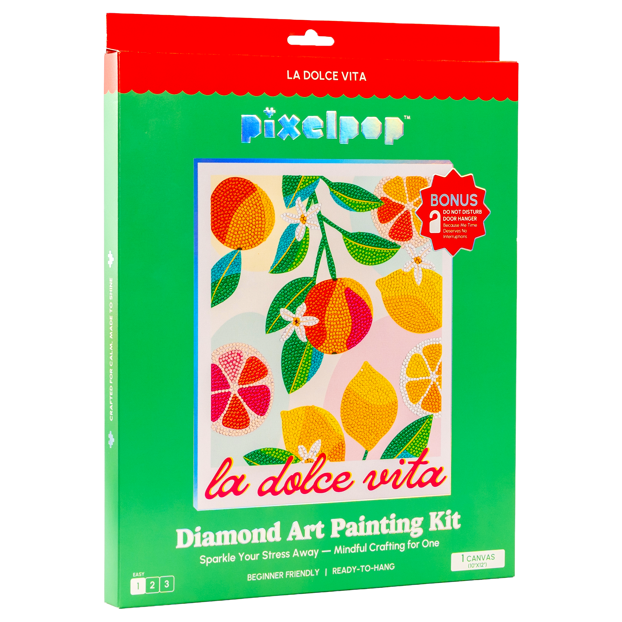 Pixelpop diamond art painting kit packaging with colorful fruit design on a white background