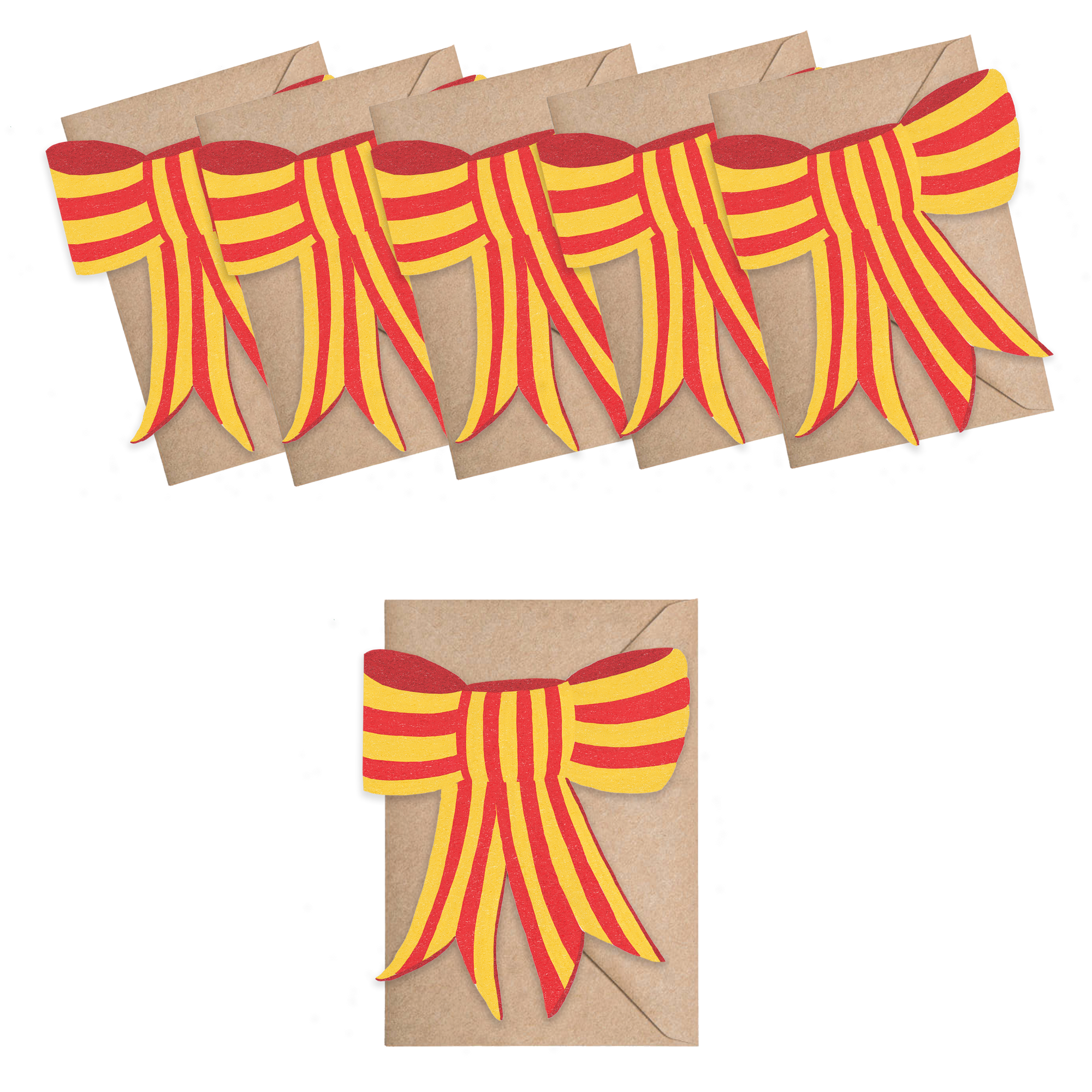 Kraft paper envelopes with red and yellow striped bows on a white background