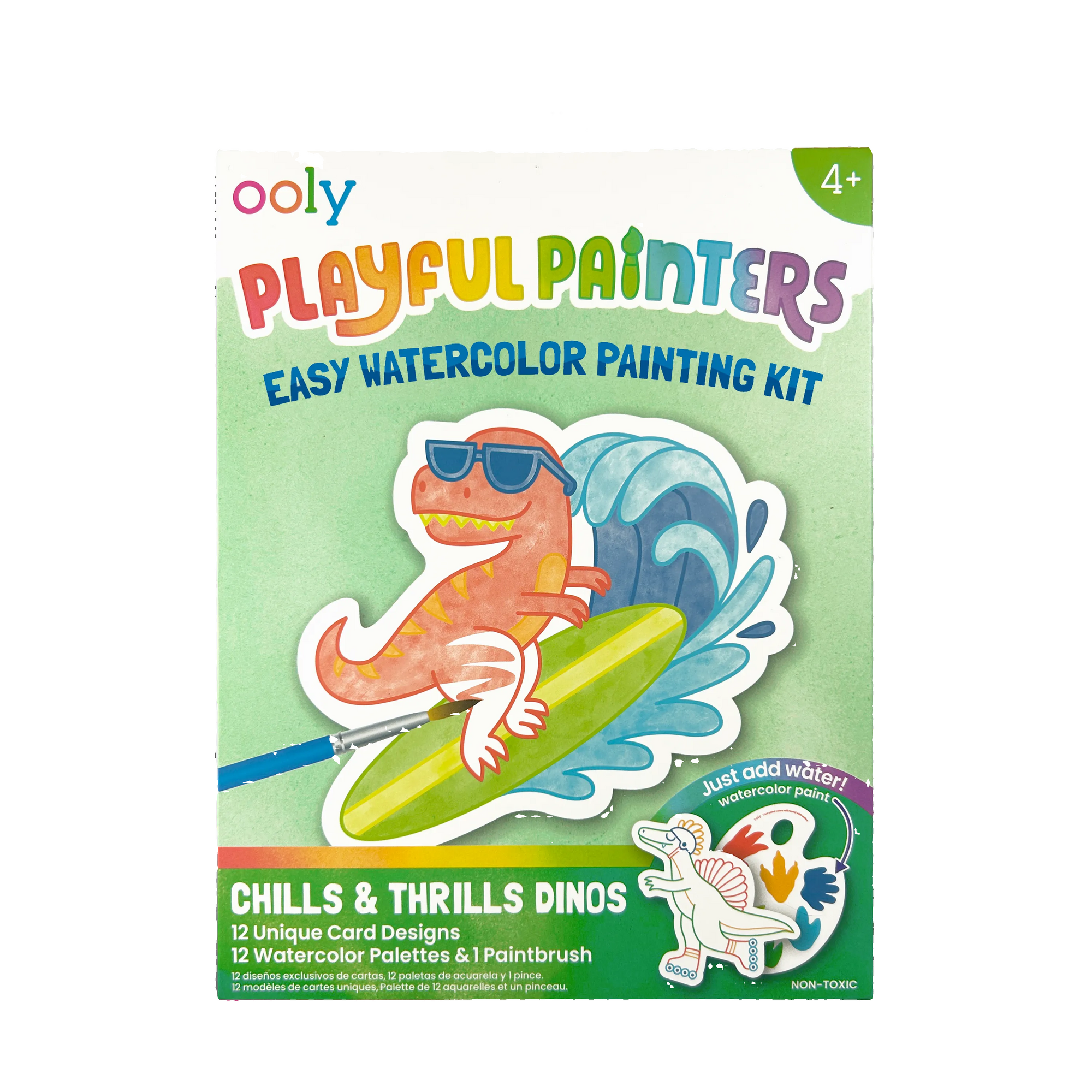 Ooly Playful Painters Easy Watercolor Painting Kit packaging with a dinosaur on a surfboard.