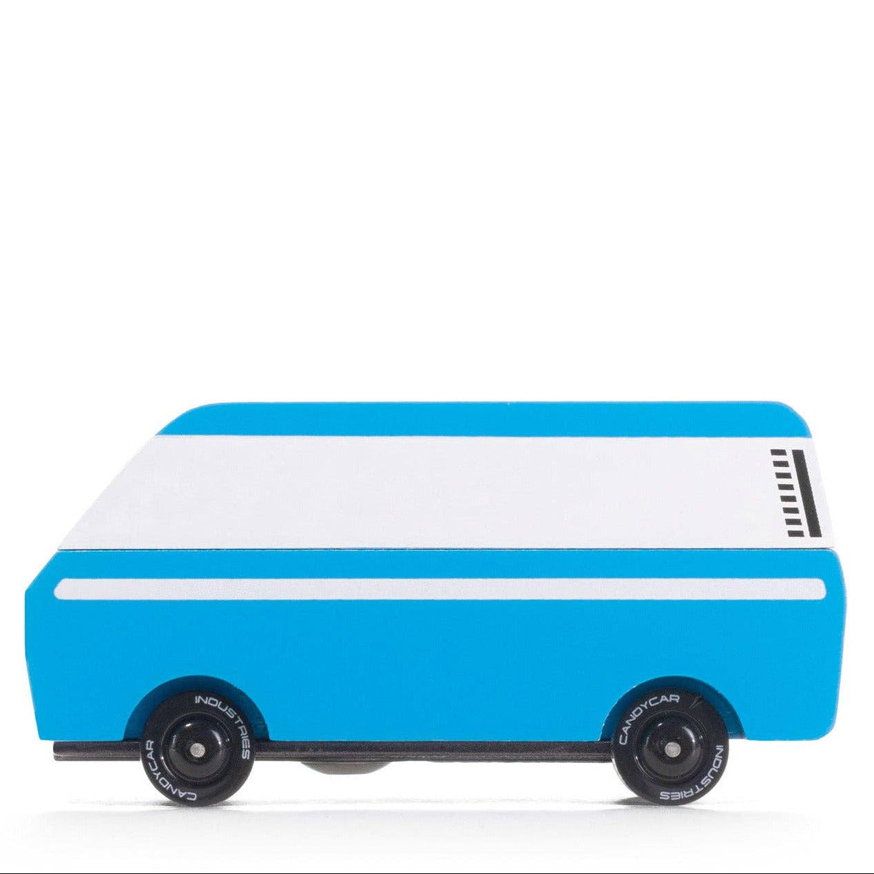 Blue and white toy van on a white background