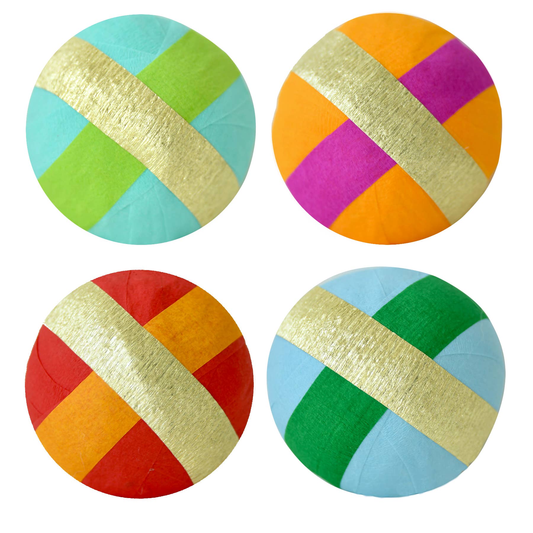 Four colorful round surprise balls with gold stripes on a white background
