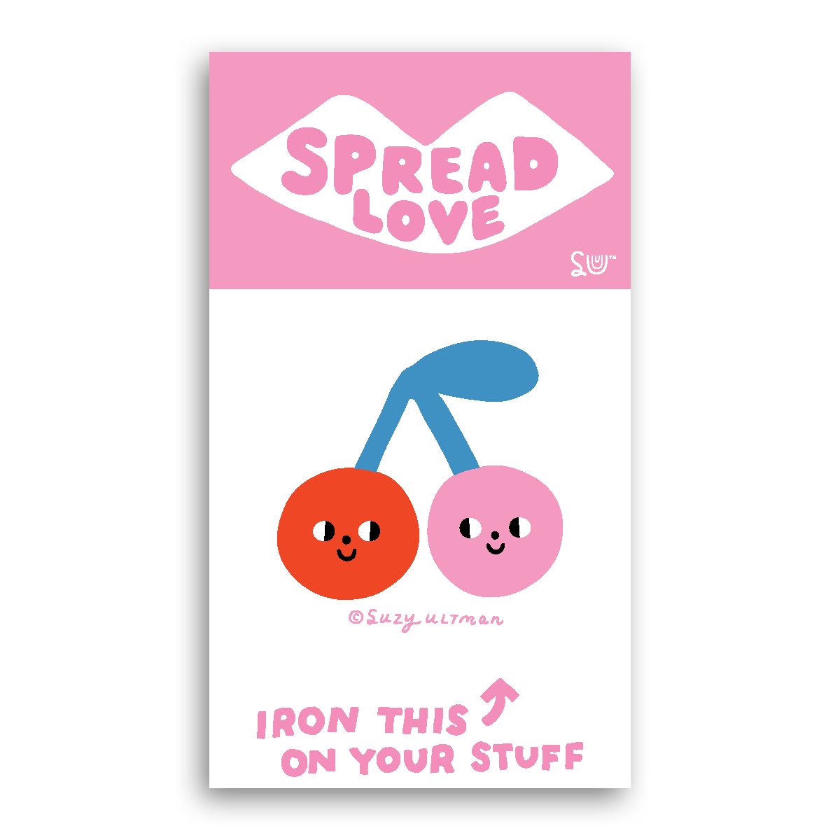 Iron-on patch with cartoon cherries and 'Spread Love' text on a pink and white background