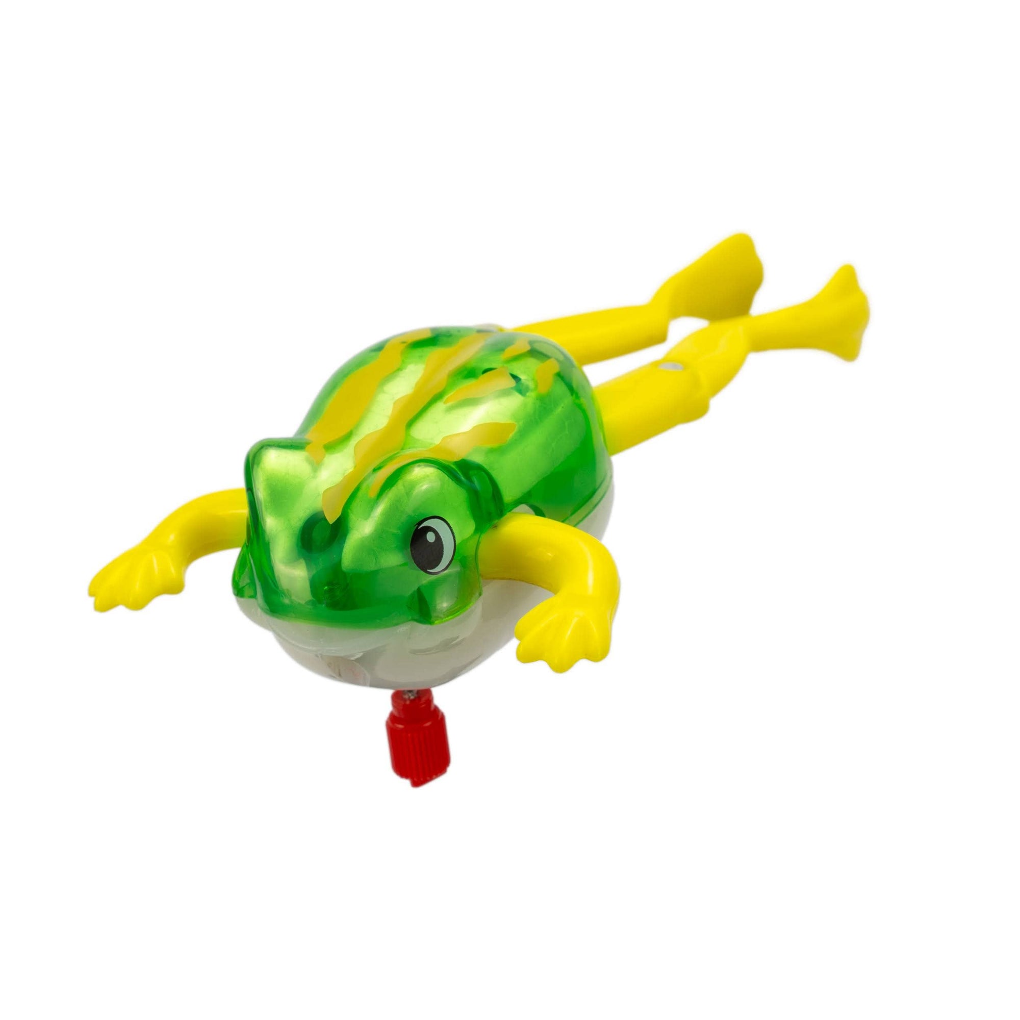 Toy frog with green body and yellow legs on a white background