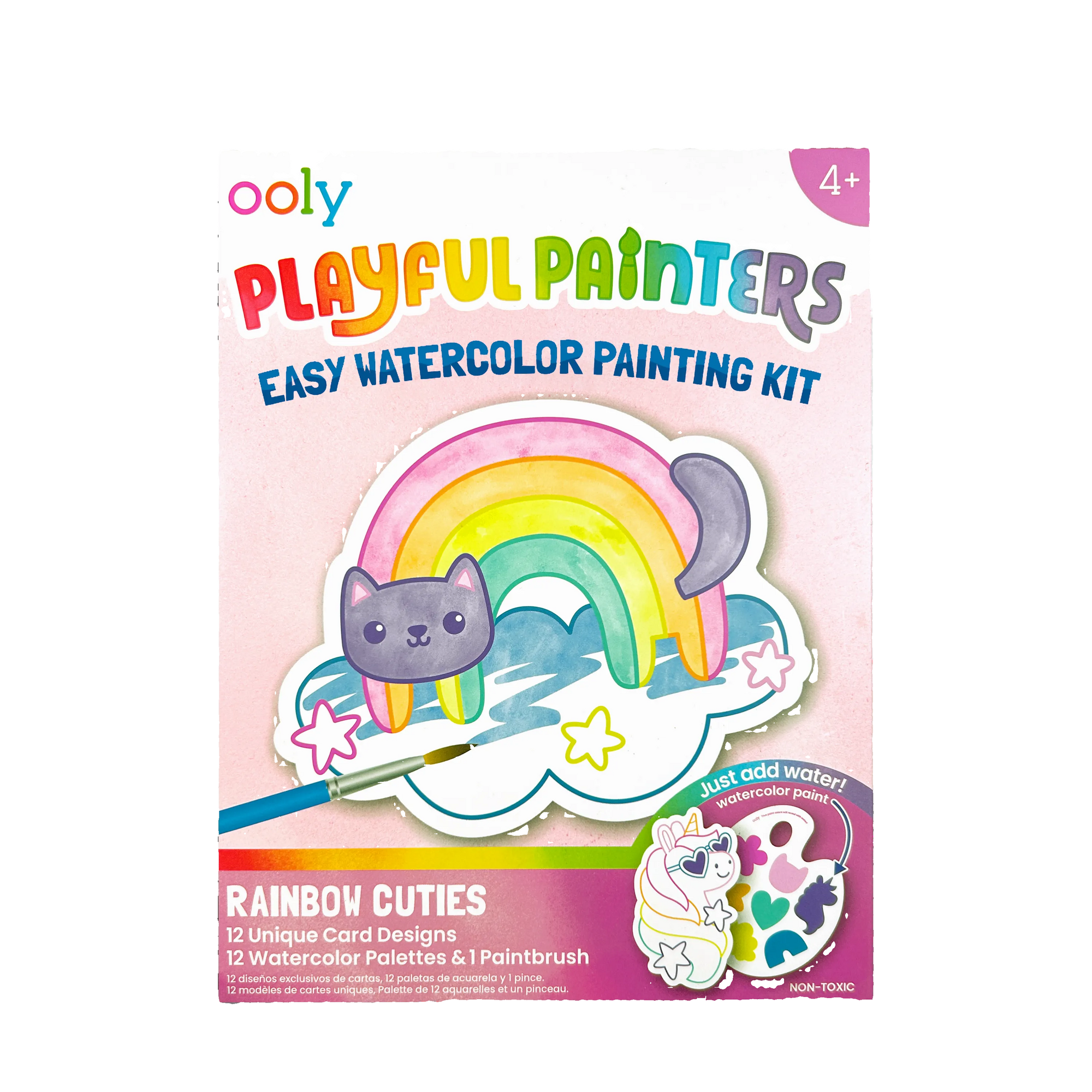Ooly Playful Painters Easy Watercolor Painting Kit packaging with a cat and rainbow design.