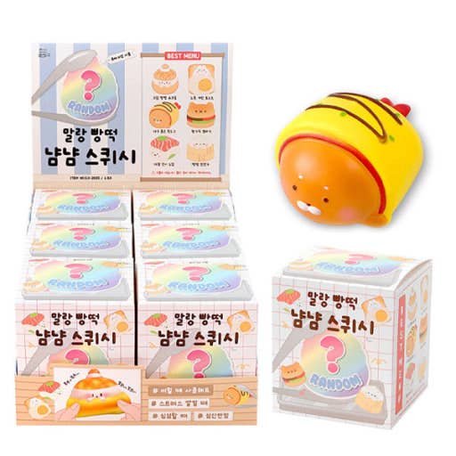 Squishy toy packaging with colorful design and cartoon character on a white background