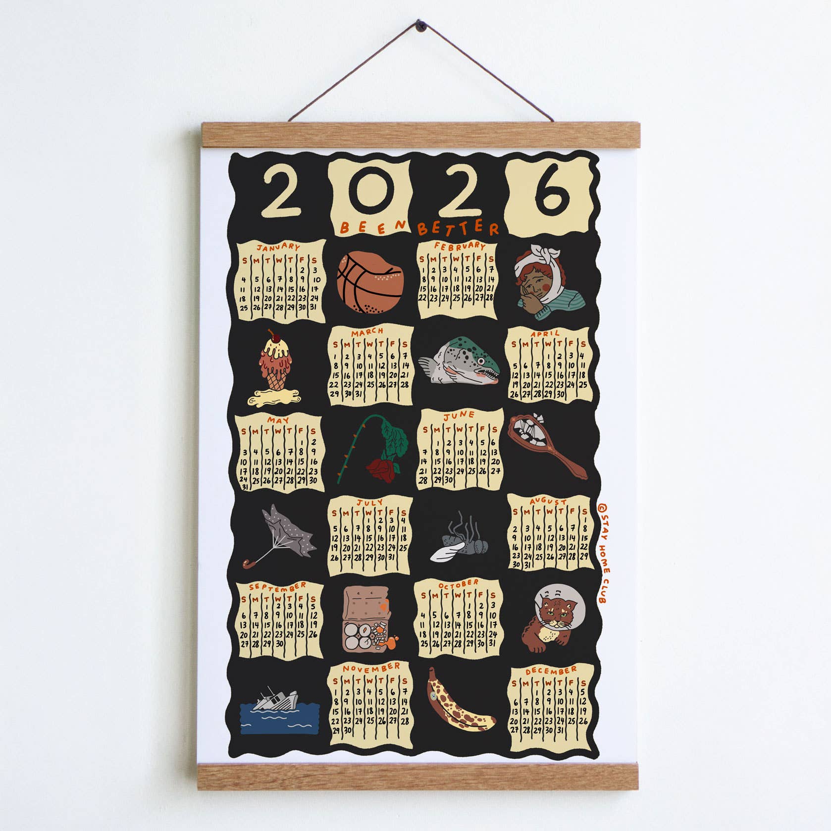 Calendar with illustrations and text for the year 2026 on a white background