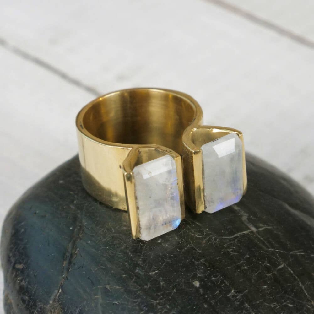 Double Rectangle Cut Brass Ring with Moonstone