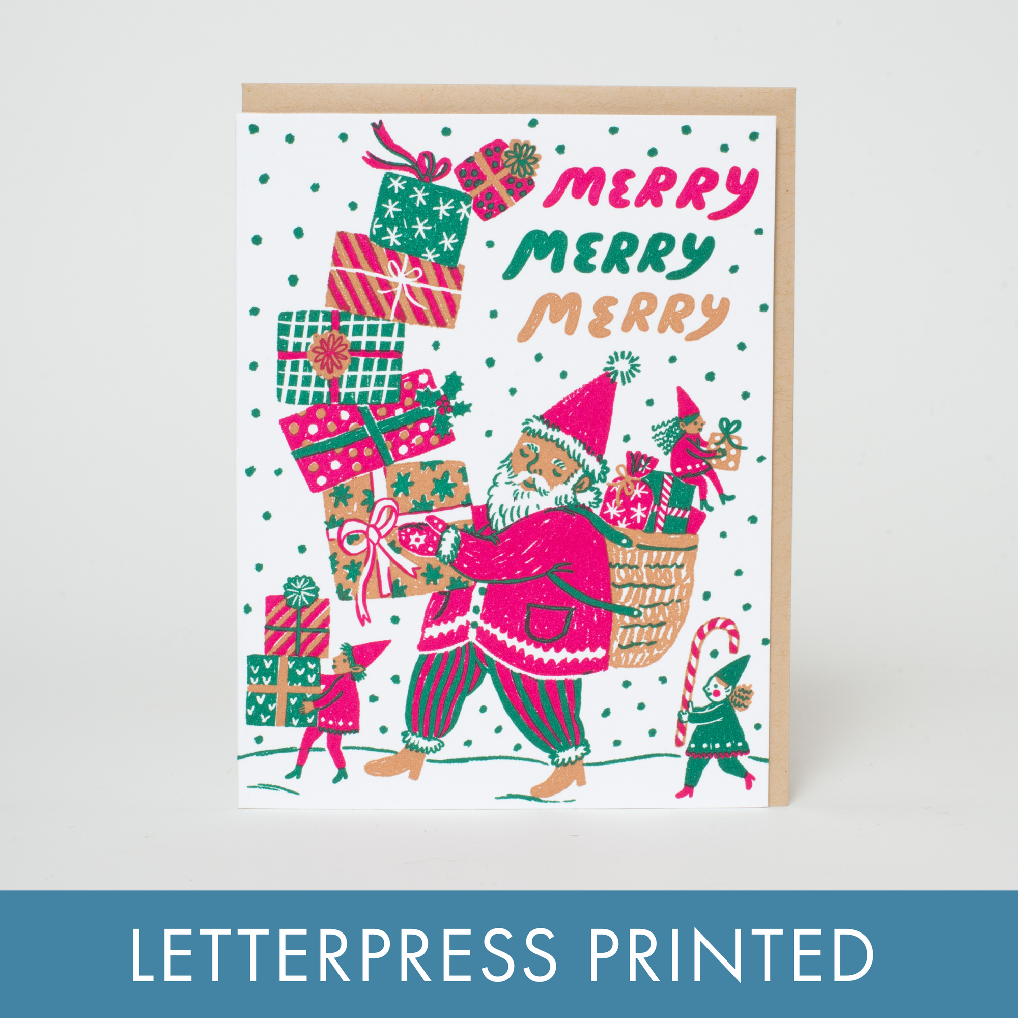 Merry Santa Letterpress Greeting Card by Phoebe Wa