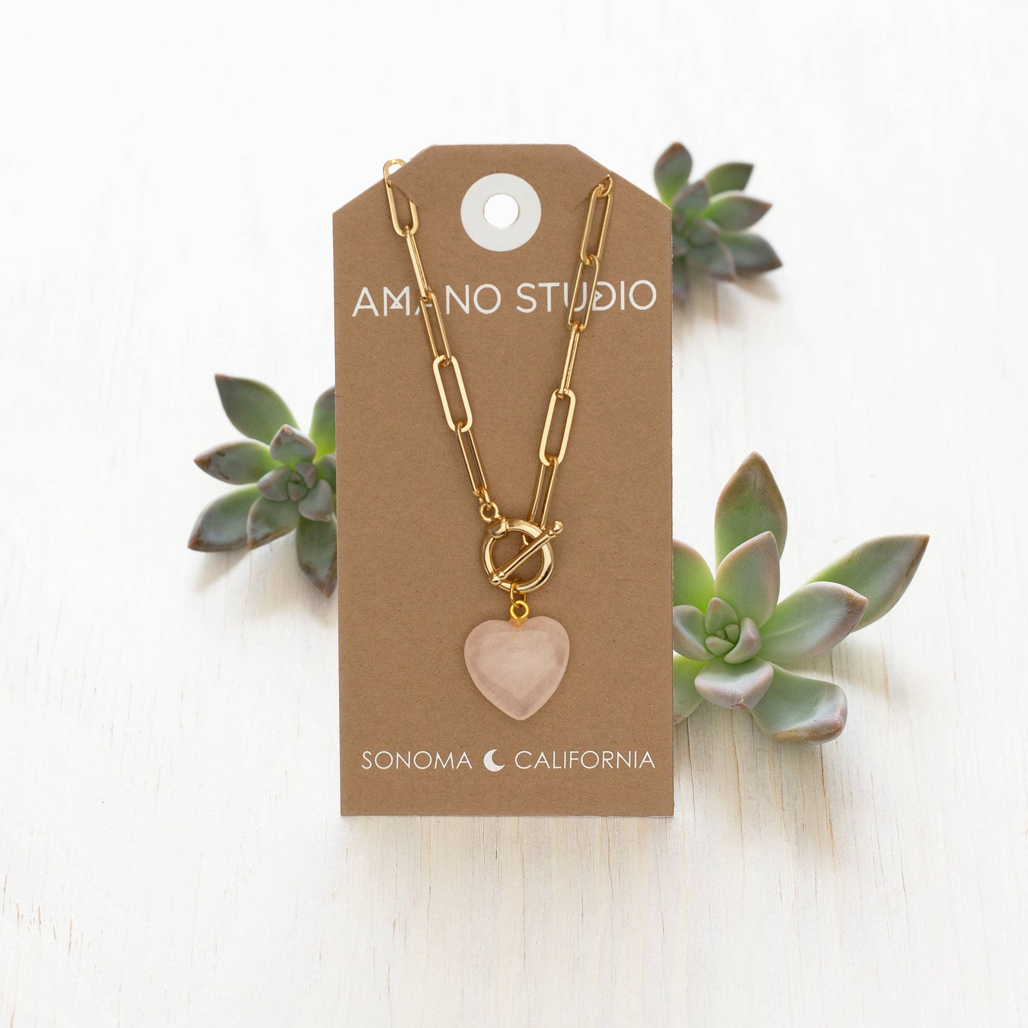 Roxy Chain Toggle Clasp Heart Necklace -rose quartz