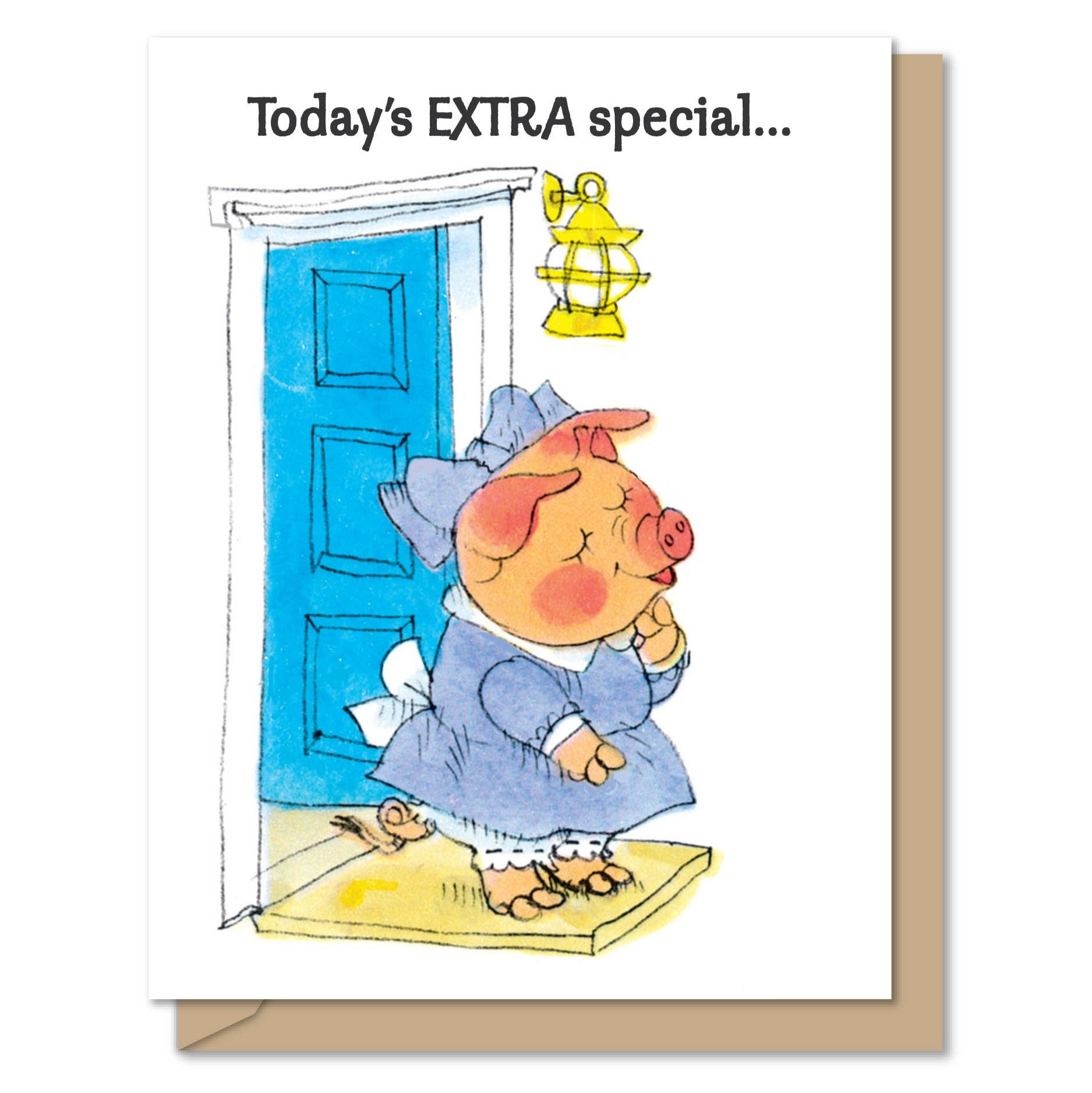 Cartoon pig in a blue dress standing at a blue door with text 'Today's EXTRA special...'.
