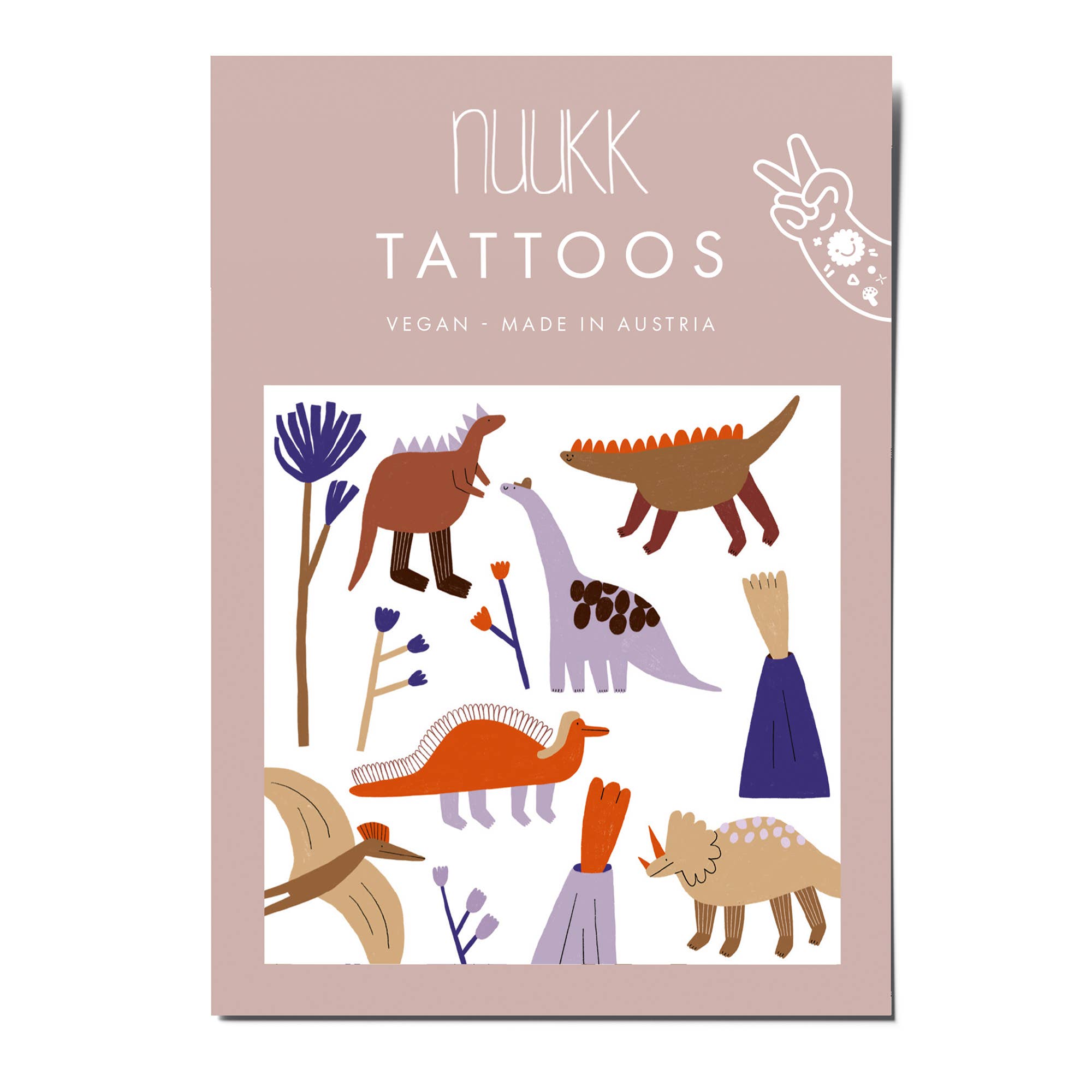 Nuukk tattoos packaging with dinosaur illustrations on a beige background