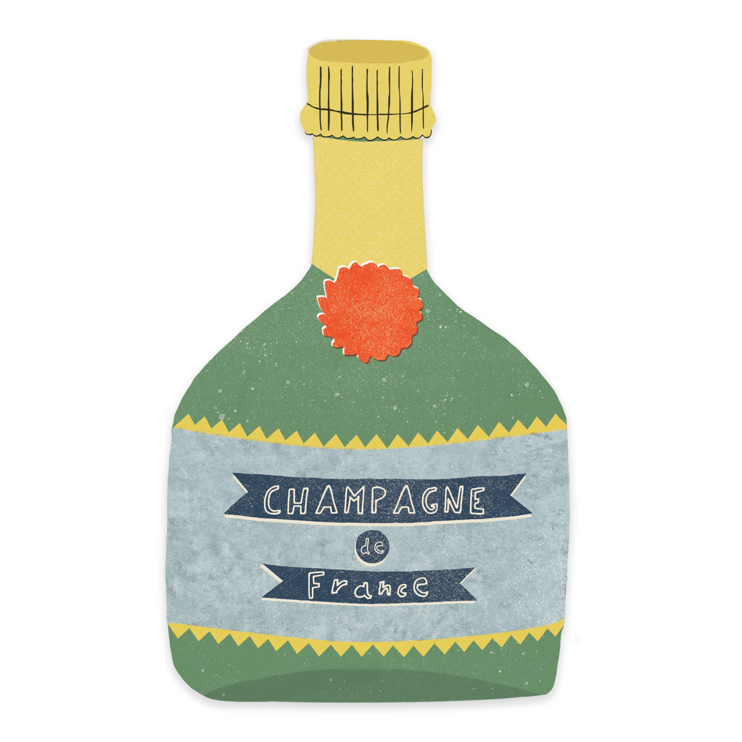 Decorative bottle-shaped card with 'Champagne de France' text on a white background