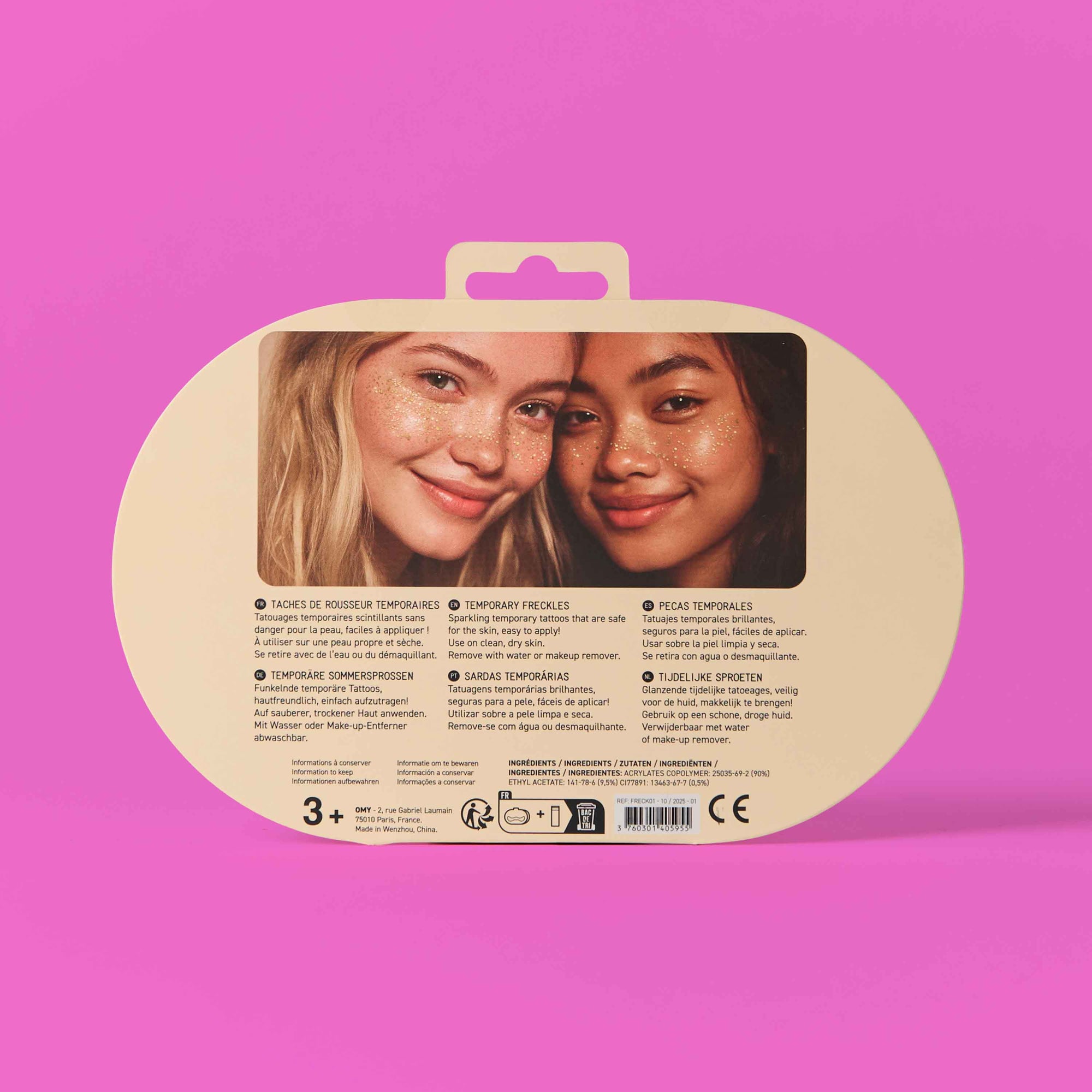 Packaging for temporary tattoos with two models' faces on a pink background