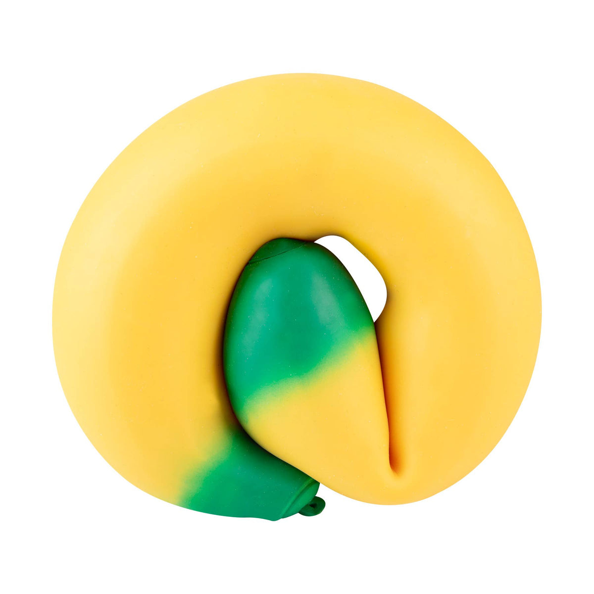 Yellow and green rubber duck on a white background