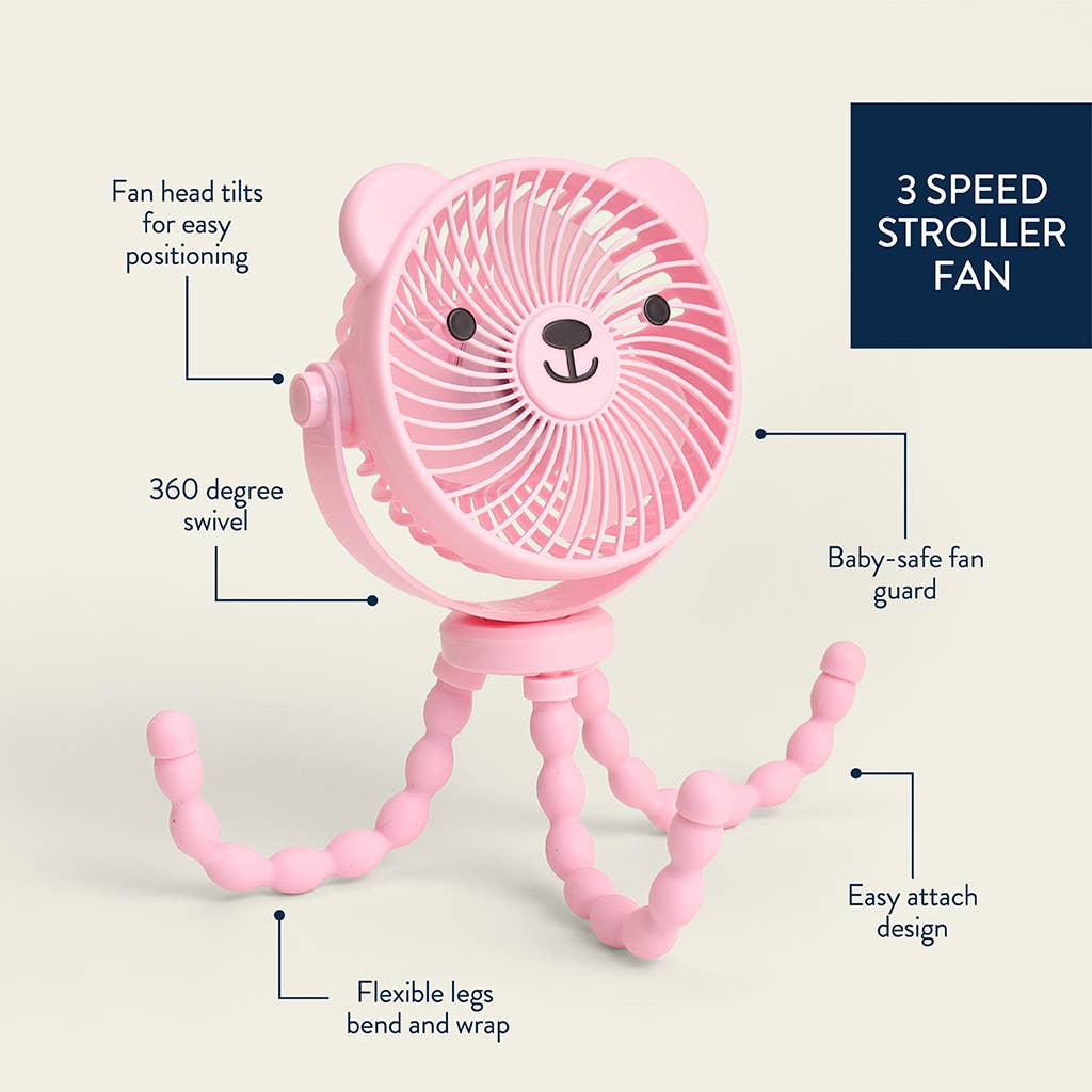 Pink bear-shaped stroller fan with features highlighted on a beige background