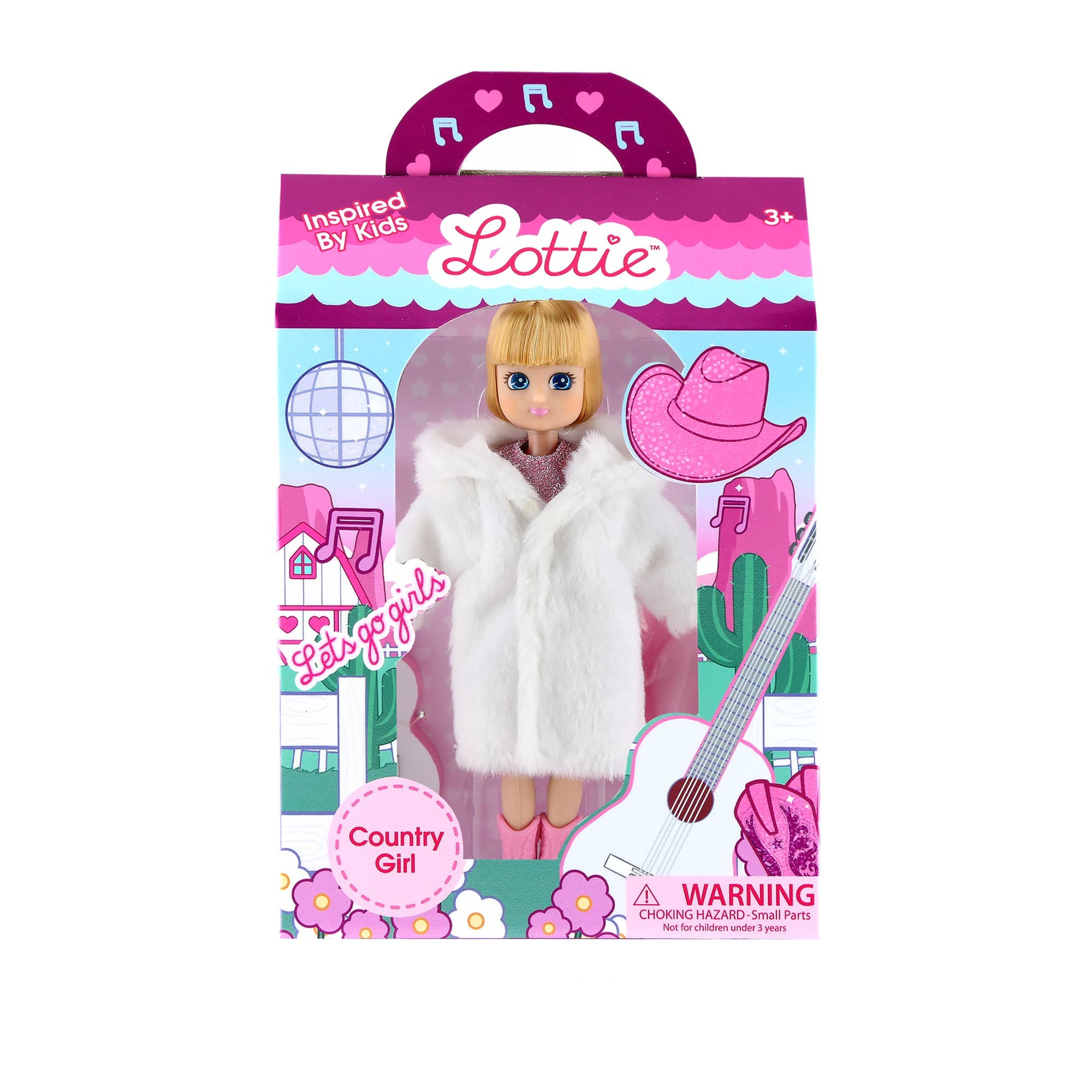Lottie doll packaging with a doll wearing a white coat and pink hat, guitar, and disco ball on a white background.