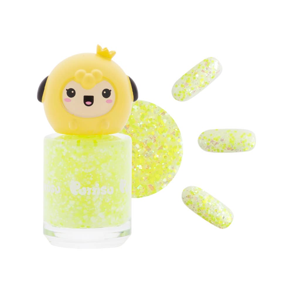 Yellow nail polish with a cartoon character on a white background