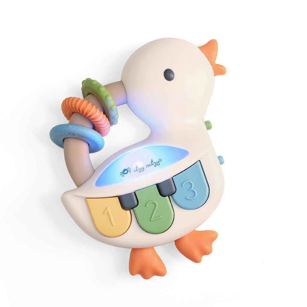 Children's toy duck with colorful rings and number buttons on a white background