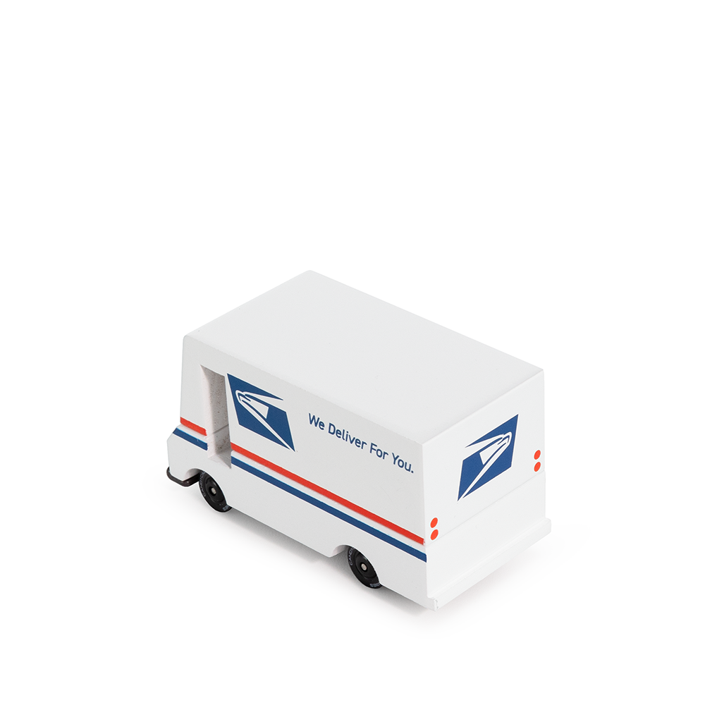 Model of a USPS delivery truck on a white background