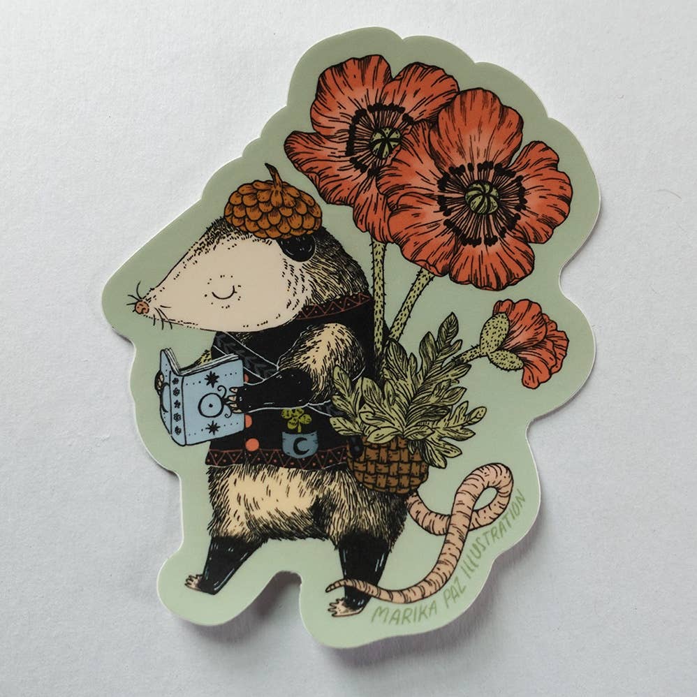 Illustrated sticker of a rodent holding flowers and a book on a light gray background