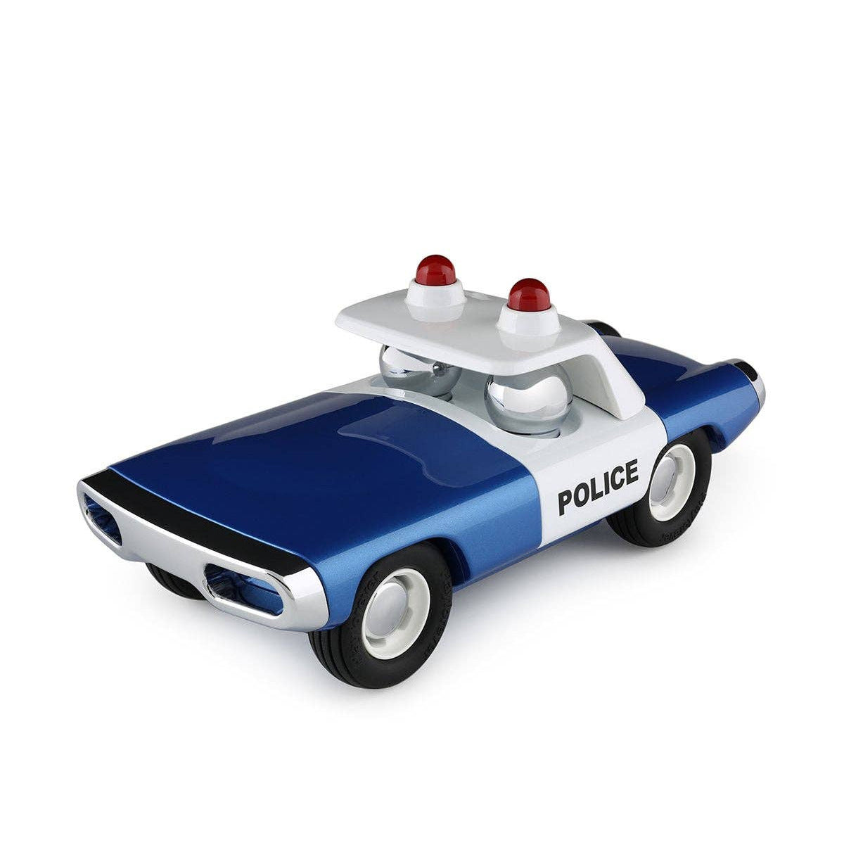 Toy police car with blue and white color scheme on a white background