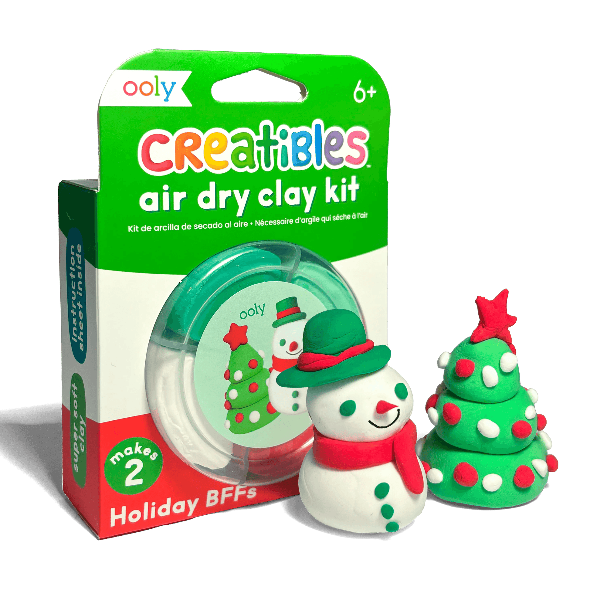 Ooly Creatibles air dry clay kit packaging with a snowman and tree figurine on a green background