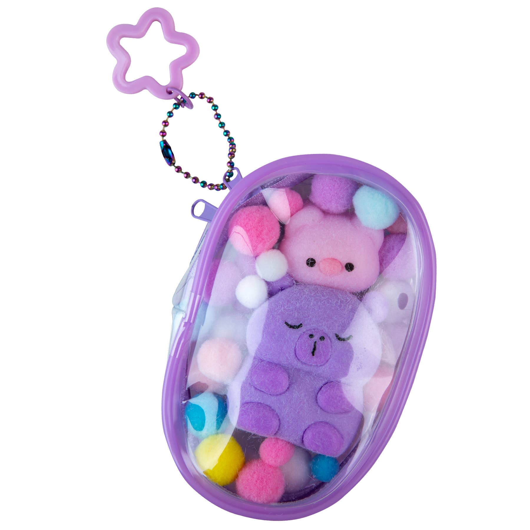 Purple plush toy with colorful pom-poms in a clear purple case on a white background