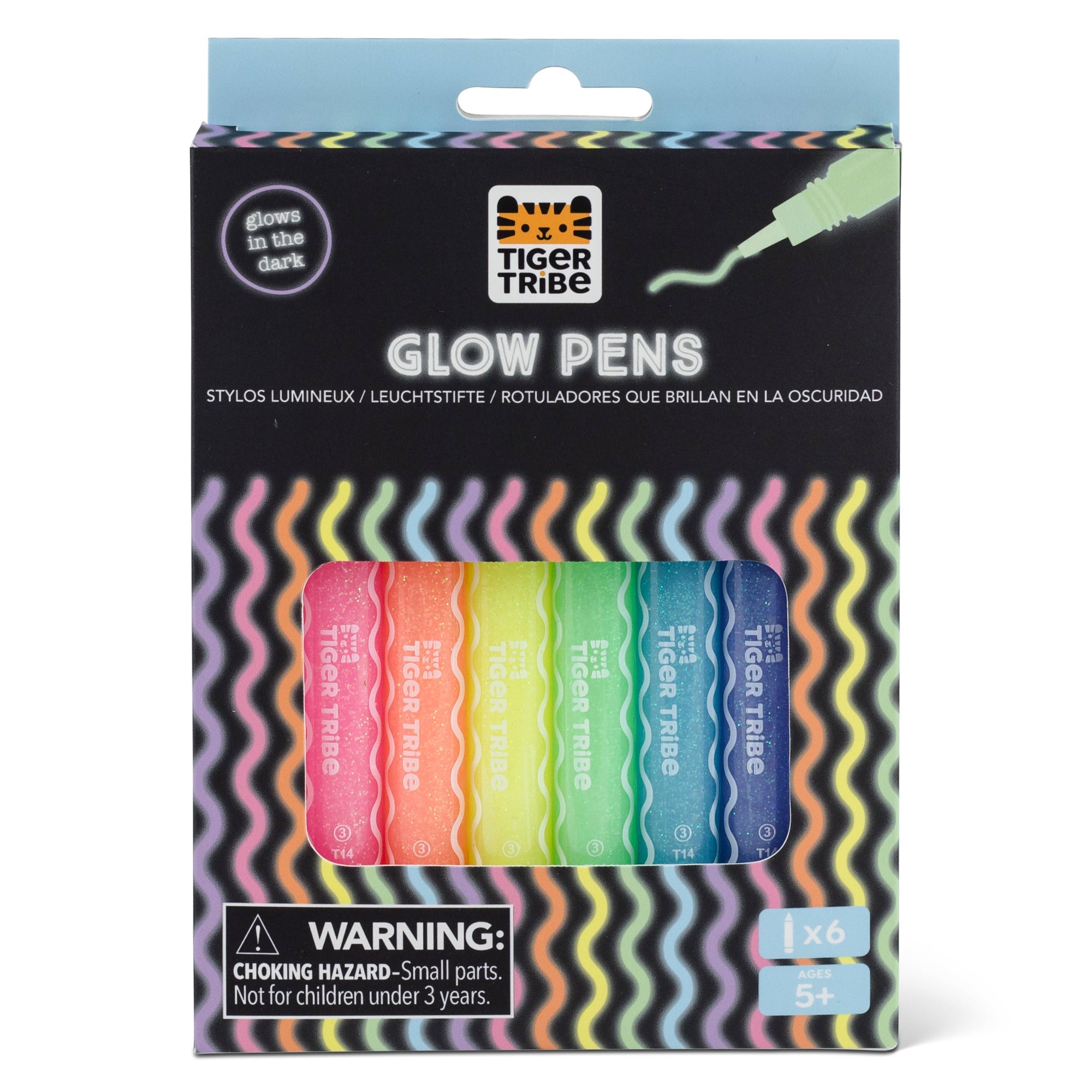 Packaging of Tiger Tribe glow pens with colorful wavy patterns on a white background