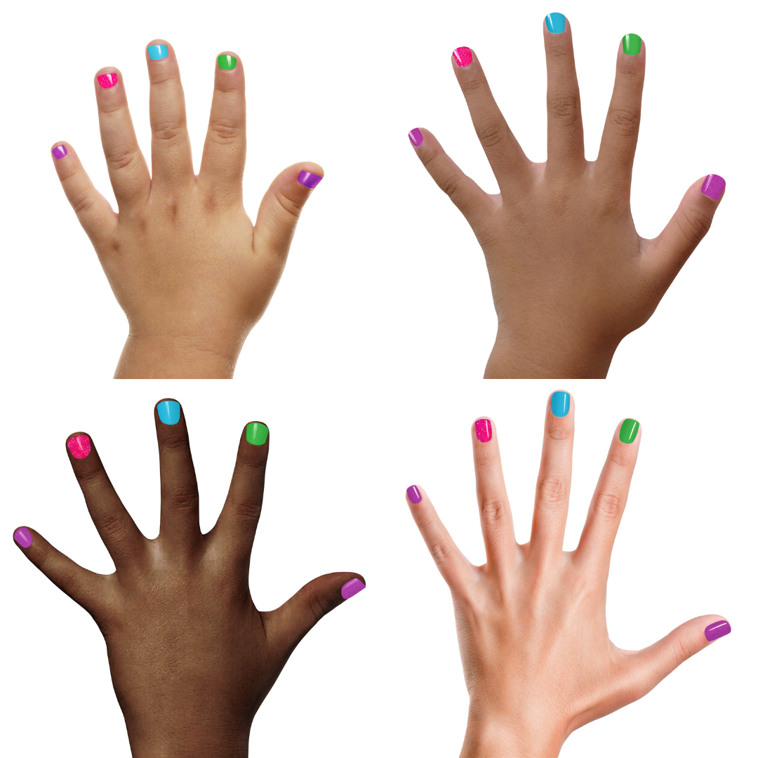 Four hands with multicolored nail polish on a white background