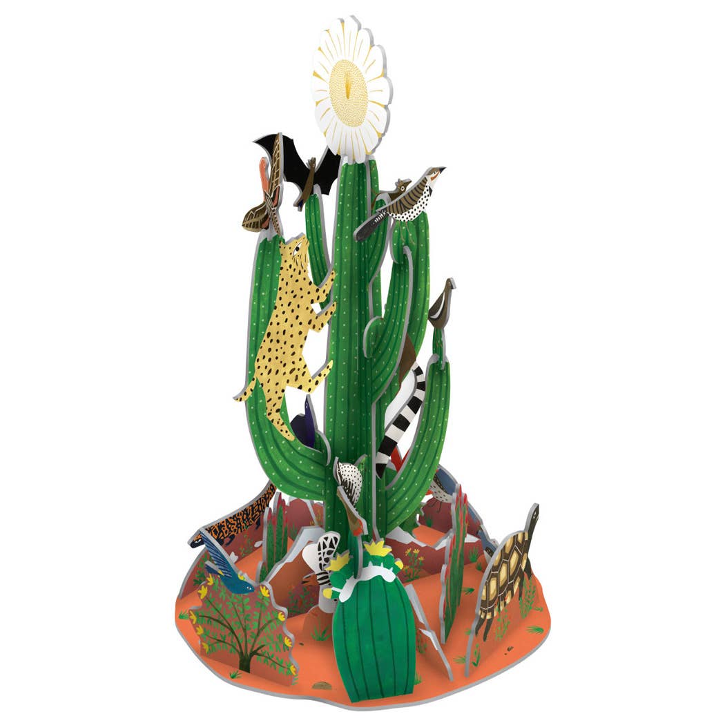 Decorative cactus with various small figurines on a white background