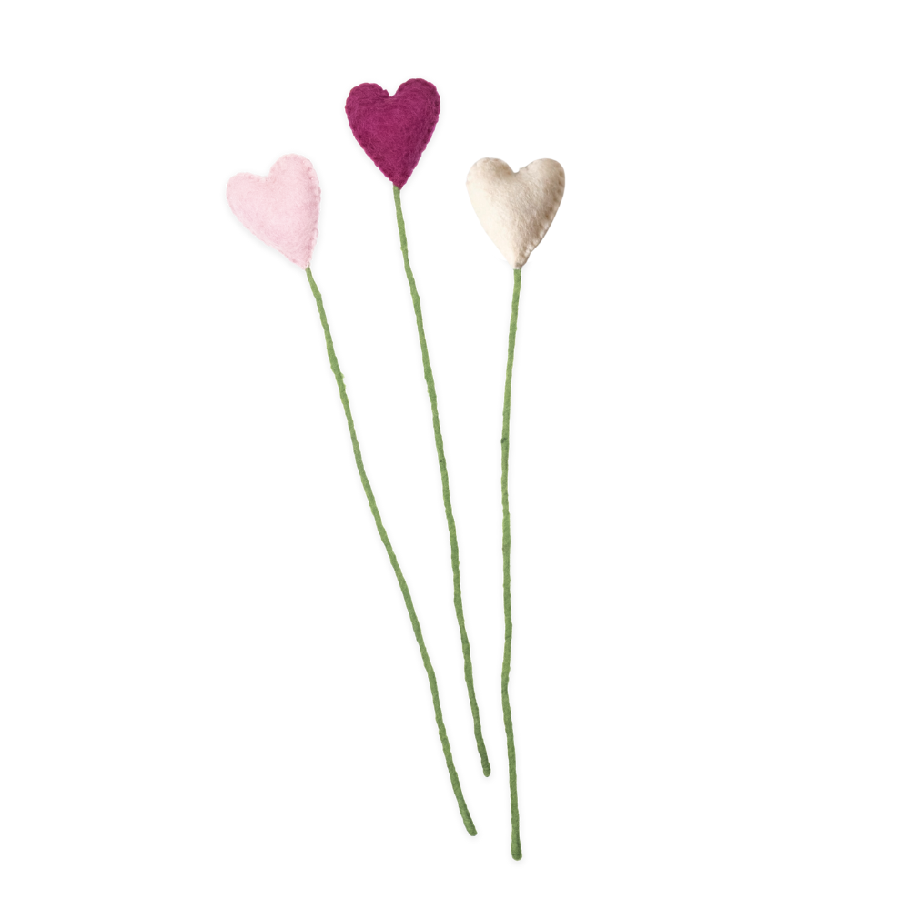 Three heart-shaped flowers on green stems against a white background