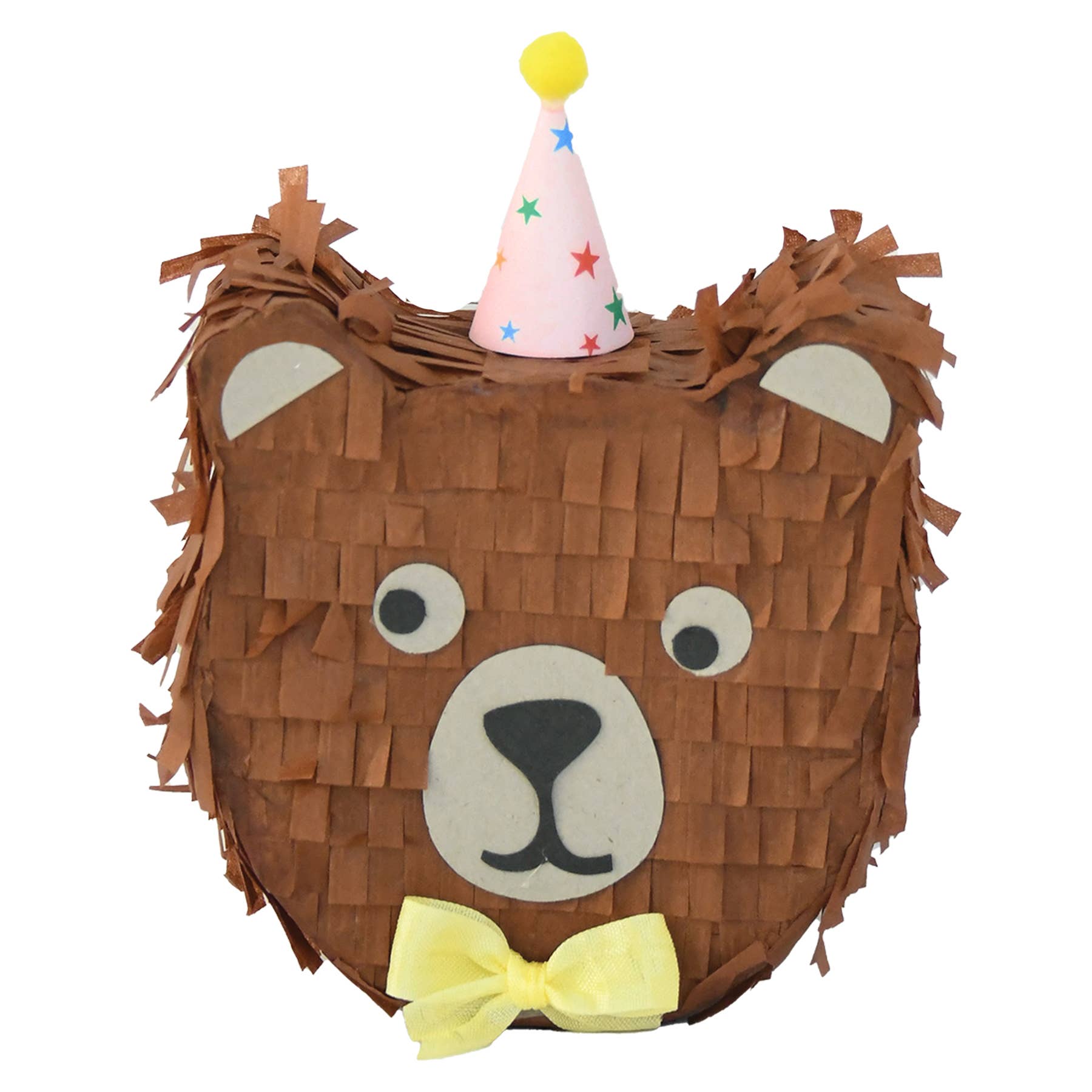 Bear-shaped piñata with a party hat and bow tie on a white background