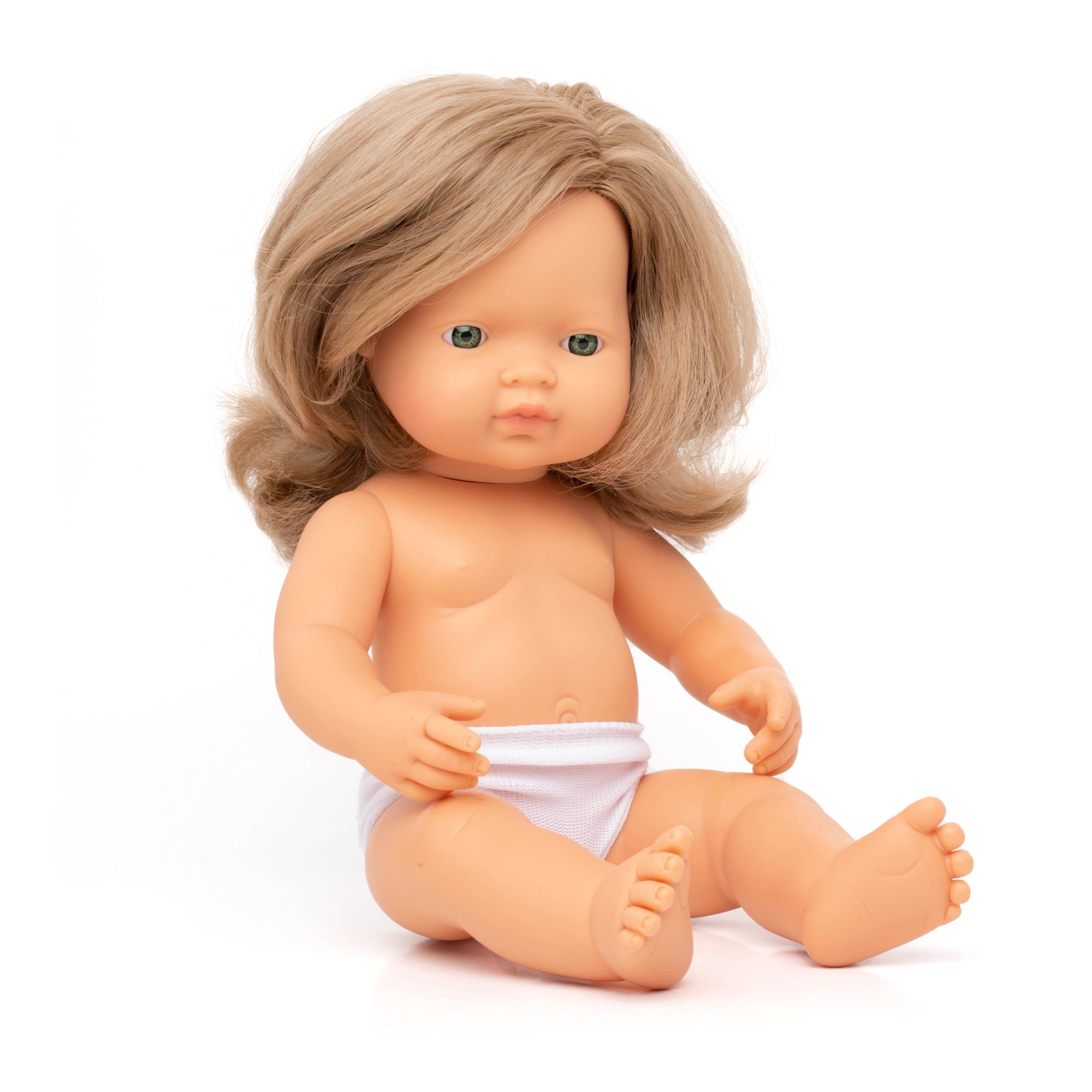 Baby doll with blonde hair and a diaper on a white background