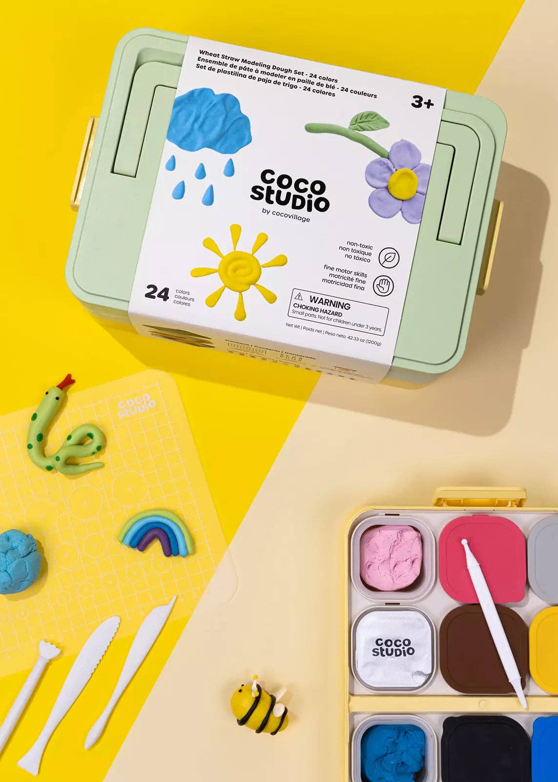 Coco Studio play dough set with packaging on a yellow background