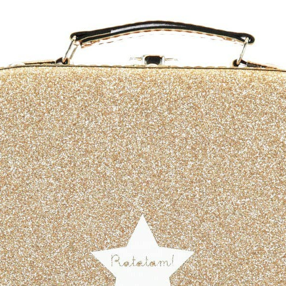Gold glittery suitcase with a star design and 'Babbelam' branding on a white background