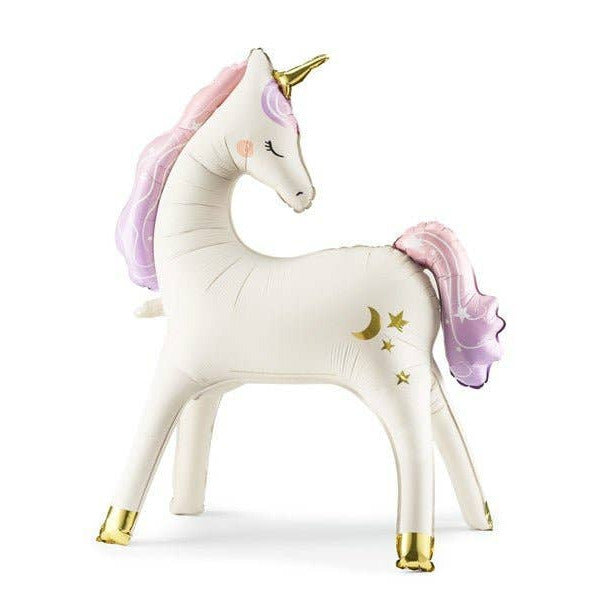 Unicorn figurine with pink hair and gold hooves on a white background