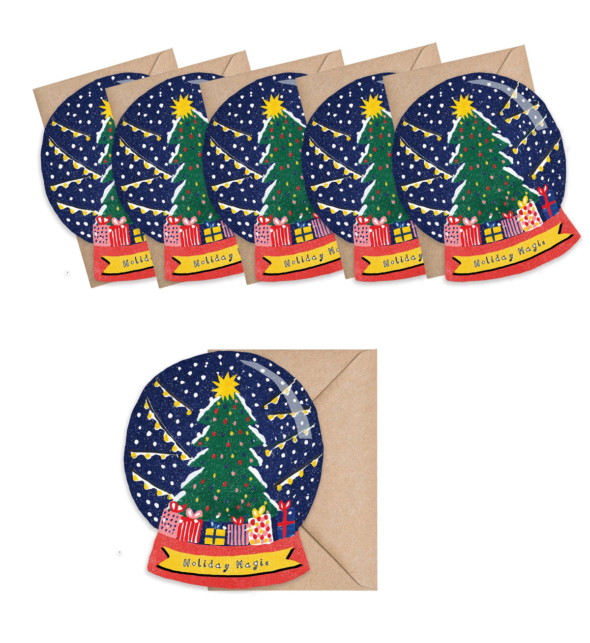 Six round Christmas greeting cards with kraft envelopes, featuring a hand-drawn style green Christmas tree, gifts, and a banner that reads 'Merry Christmas'.