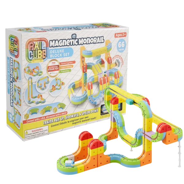 Colorful magnetic monorail toy set with packaging on a white background