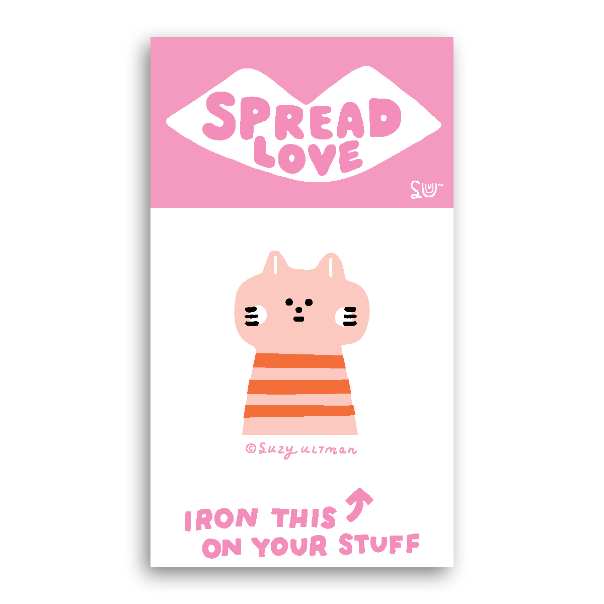 Iron-on label with a cartoon cat and 'Spread Love' text on a pink and white background