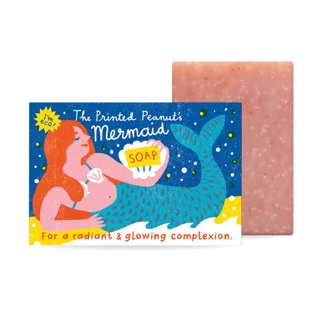 Mermaid-themed soap with packaging featuring a mermaid illustration and text.