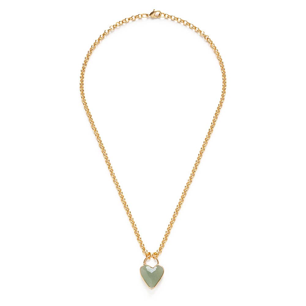 Gemstone Heart Pendant Chunky Chain -Aventurine