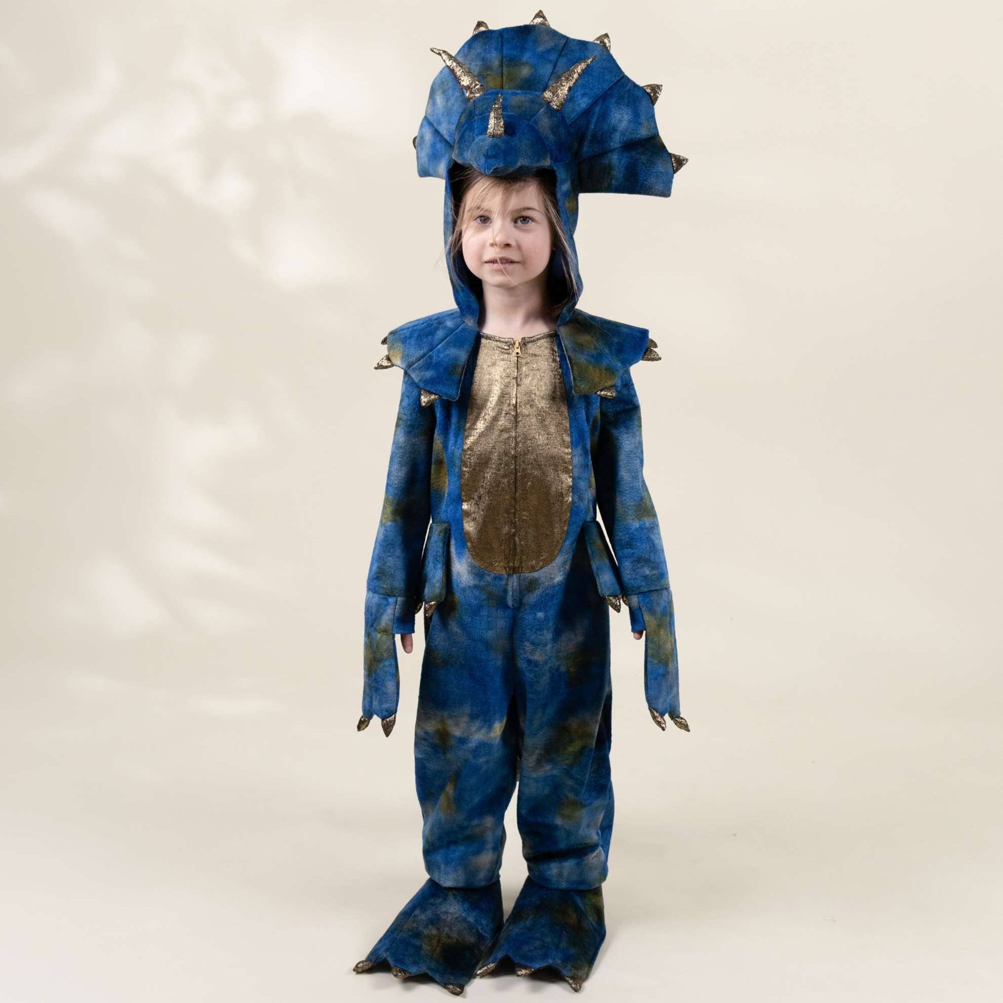 Child wearing a blue dinosaur costume against a plain background
