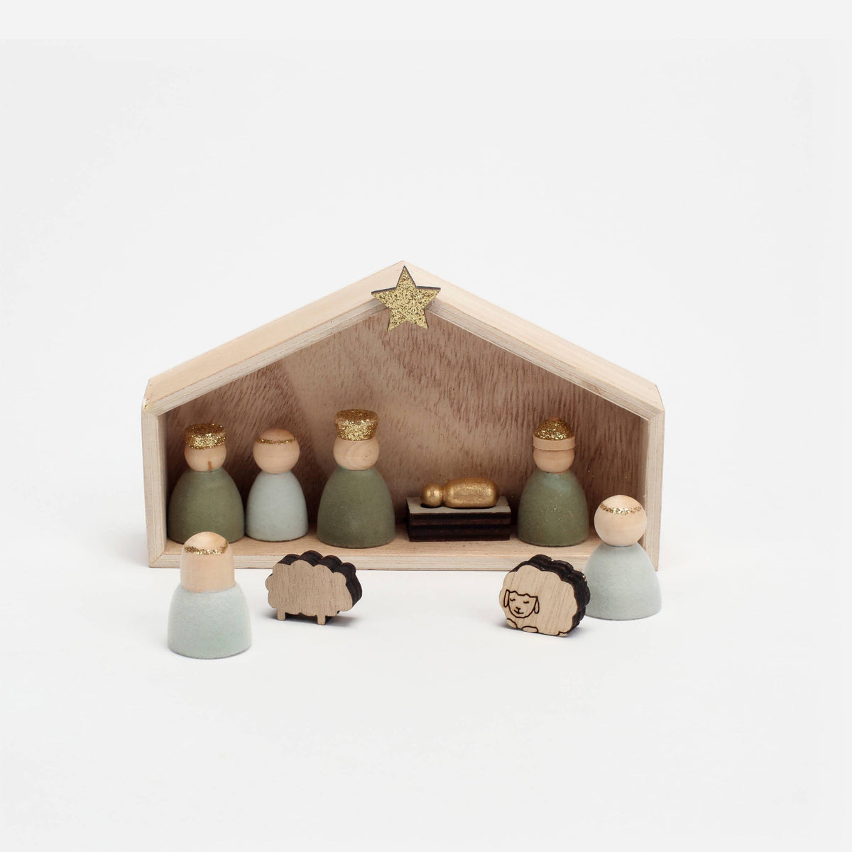 Flocked Wood Nativity- Set of 9