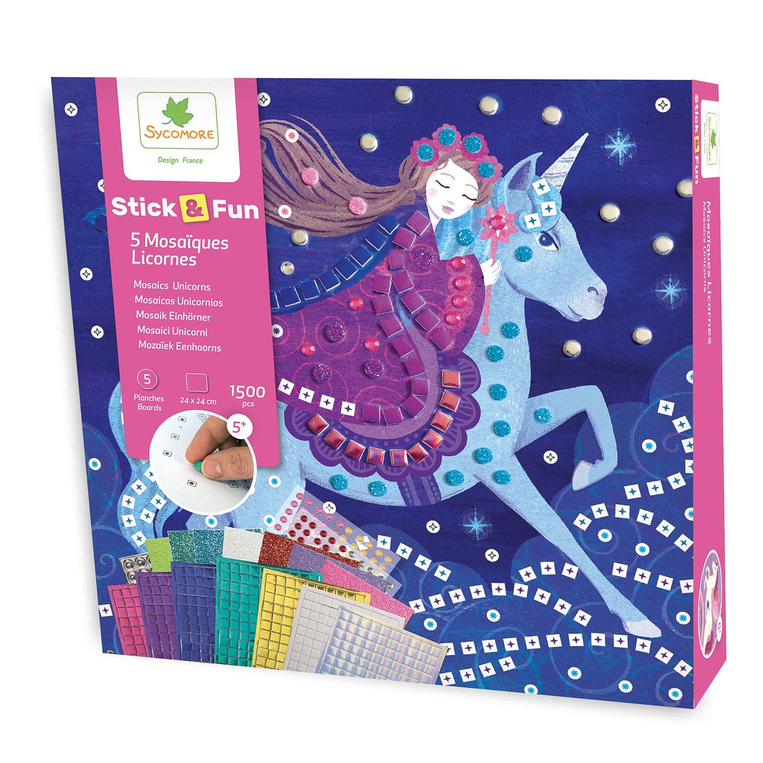Packaging of a Stick & Fun mosaic kit with a girl and unicorn design on a blue background.